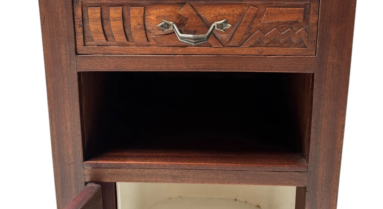 Two Art Deco Nightstands or Bedside Tables with Multi-Colored Marble Tops, 1930s